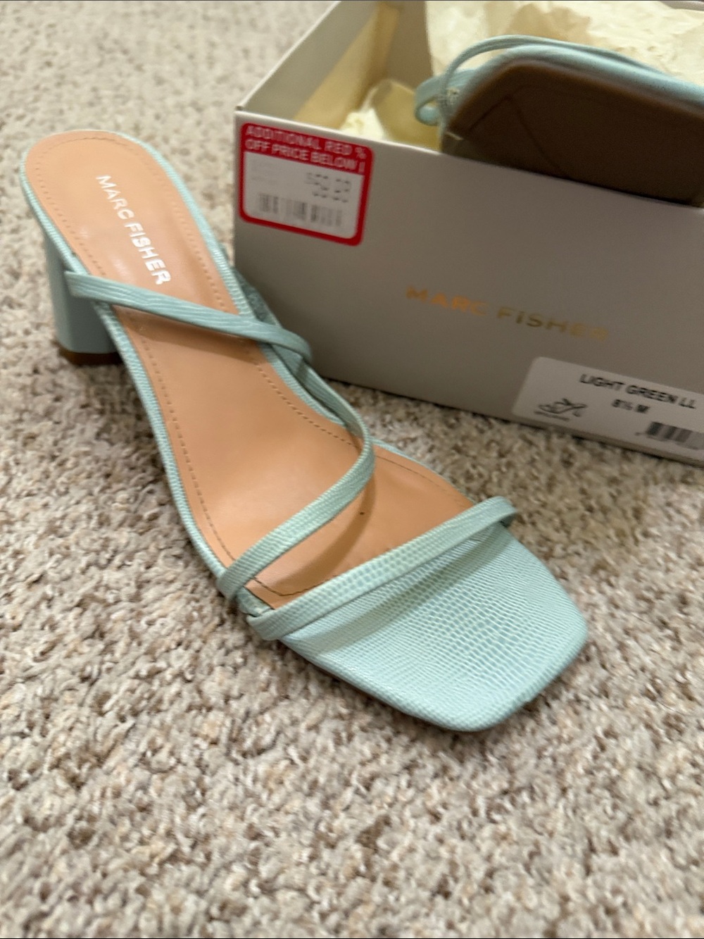 Marc Fisher Light Green Strappy Square-Toe Block Heel Mules